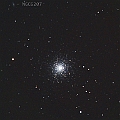 M13 (NGC 6205) and NGC 6207 in Hercules (north up) mp 4.0 ; mv 5.7<br />EOS6D + EF300 F2.8L III + EF1.4xII Trimmed to 1:2 (60sx3 ISO3200 - darkframex3)